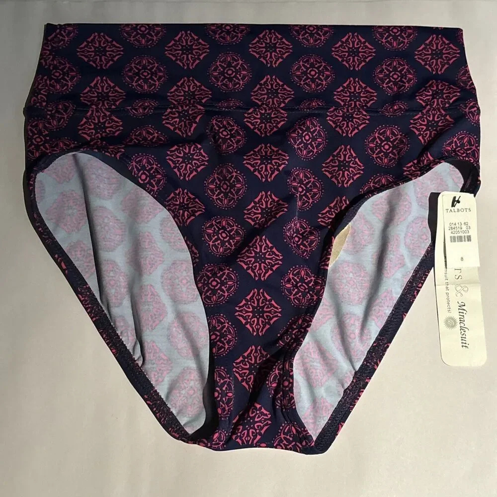 Talbots Miraclesuit High Rise Fold Over Bikini Bottom Estilo Blue Magenta Size 8